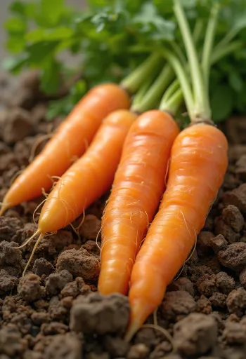 Zanahorias frescas con tallos verdes sobre superficie de madera rústica