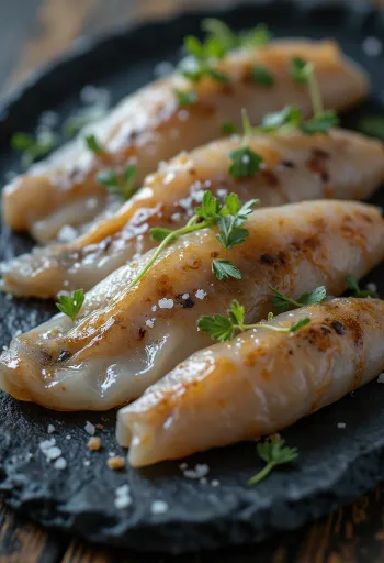 Filetes de anchoa frescos con especias y limón en tabla de madera