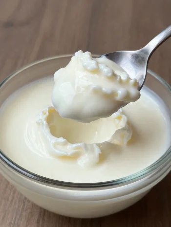 Leche fermentada en tazón de cerámica rústico, con cuchara y superficie ligeramente suerosa