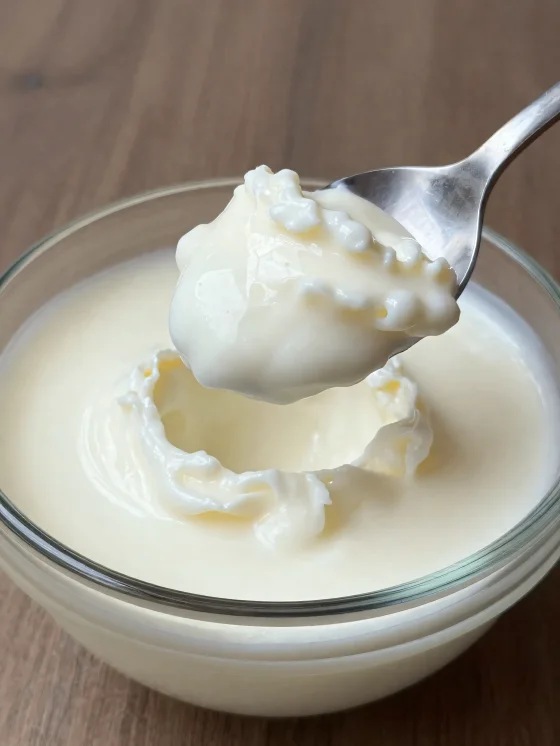 Leche fermentada en tazón de cerámica rústico, con cuchara y superficie ligeramente suerosa