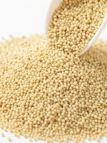 Amaranto crudo con semillas amarillas pequeñas en tazón de cerámica