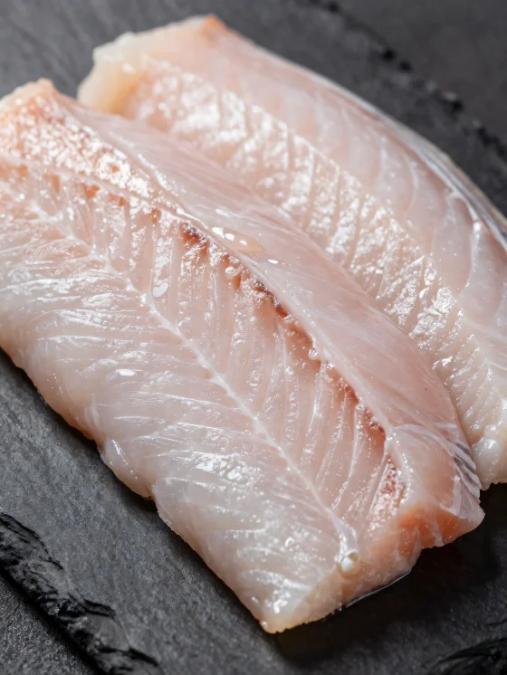 Filetes de anguila fresca con especias sobre tabla de madera