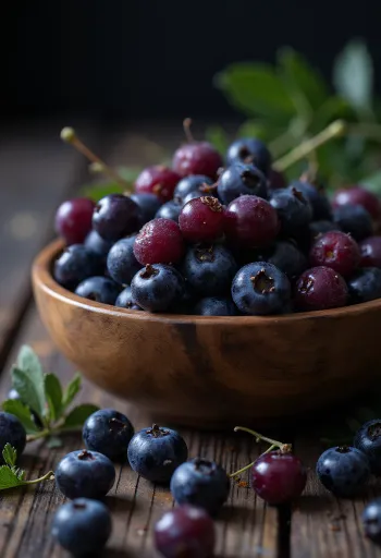 Bayas de aronia frescas, enteras y cortadas, color oscuro