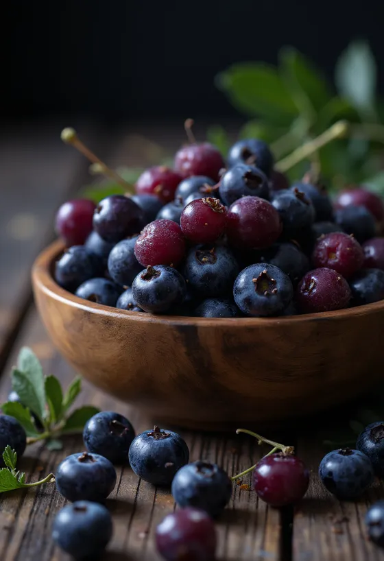 Bayas de aronia frescas, enteras y cortadas, color oscuro