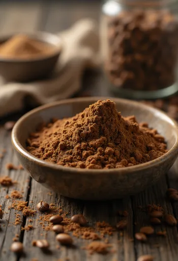 Café de cebada tostado en gránulos y granos enteros en cuchara y tazón de madera