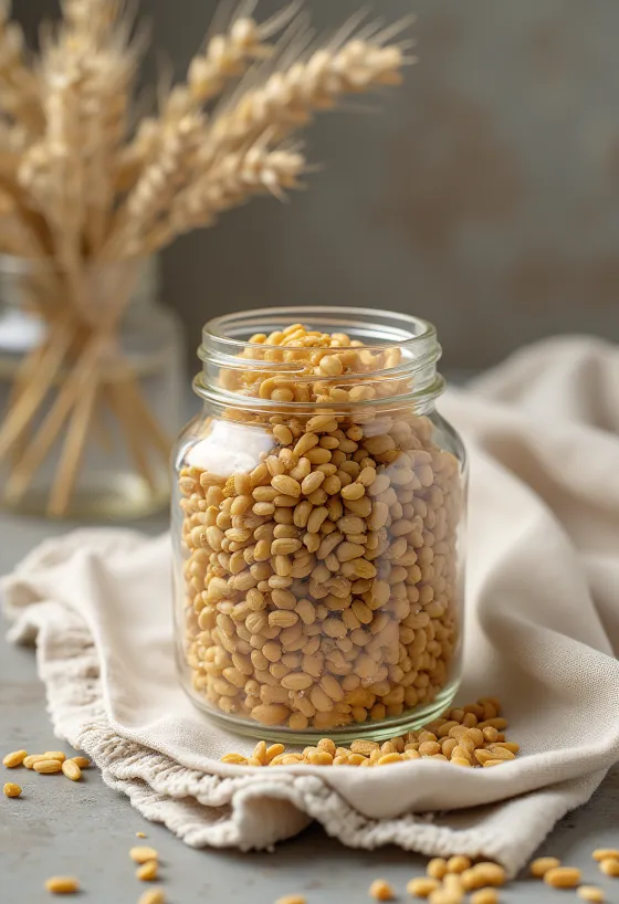 Salvado de cebada en tazón de cerámica y esparcido sobre madera