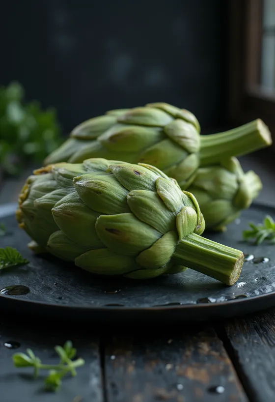 Hojas de alcachofa frescas, verdes y grandes