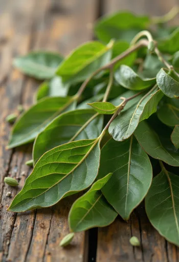 Hojas de laurel secas sobre mesa de madera, forma natural
