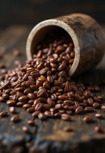 Linaza marrón entera en tazón de madera, semillas brillantes