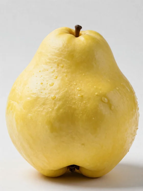 Membrillos enteros y rebanados sobre superficie de madera con hojas verdes