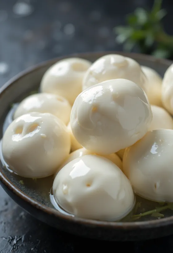 Queso mozzarella de búfala fresco en tazón de cerámica blanca sobre mesa de madera