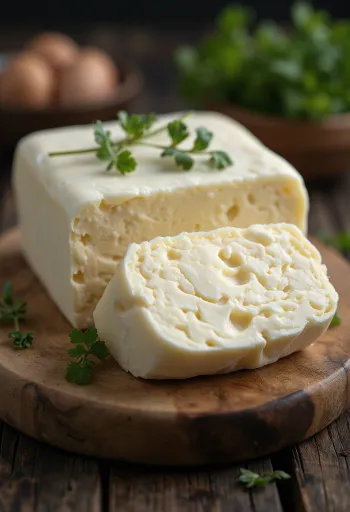 Mantequilla de búfala en tazón de cerámica, grasa cremosa y clara