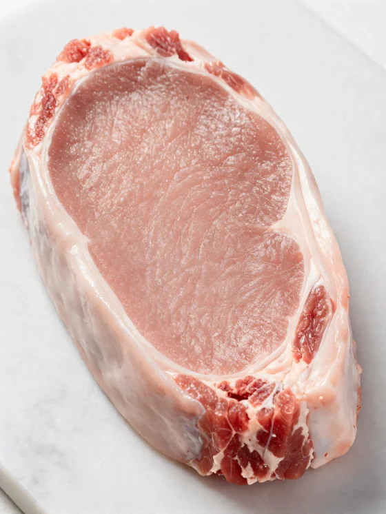 Trozos de carne de ternera fresca de color claro con especias en tabla de madera