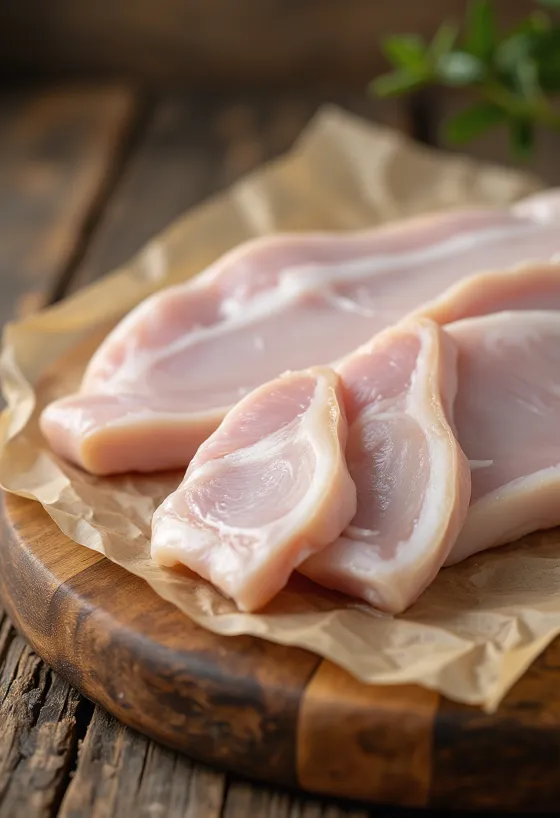 Cuerito de cerdo crudo rebanado sobre tabla de madera, limpio y preparado