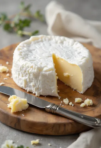 Queso brie rebanado en tabla de madera, con interior cremoso
