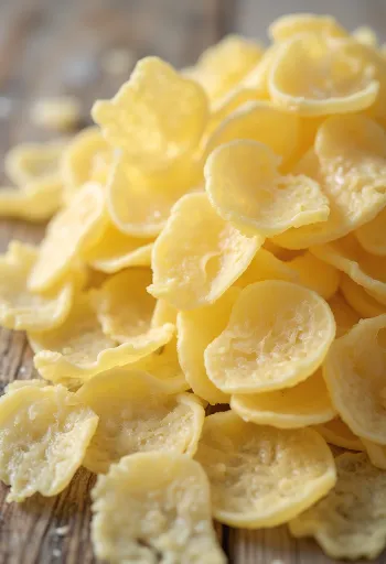 Hojuelas de papa deshidratadas en tazón y esparcidas con cuchara de madera