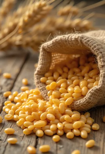 Granos de trigo limpios en saco y esparcidos sobre superficie de madera