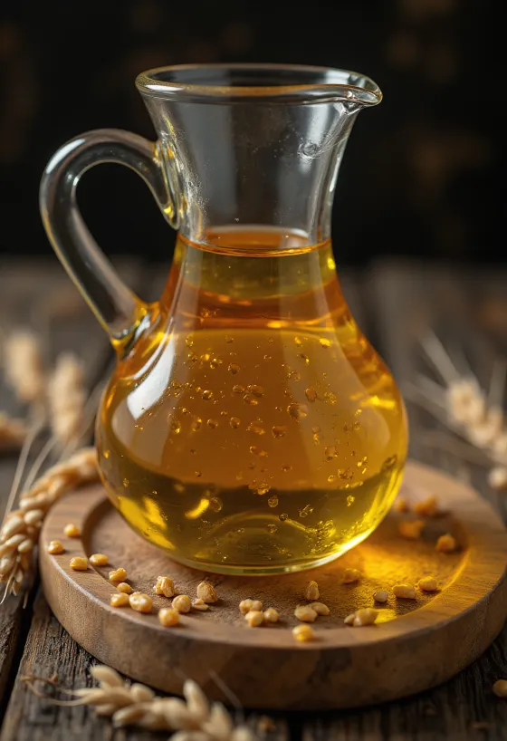 Aceite de germen de trigo en tazón pequeño con granos de trigo