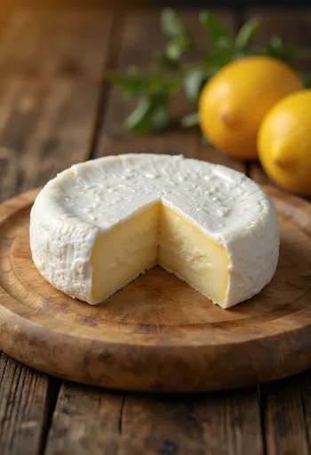 Queso Camembert fresco en tazón de cerámica sobre superficie de madera