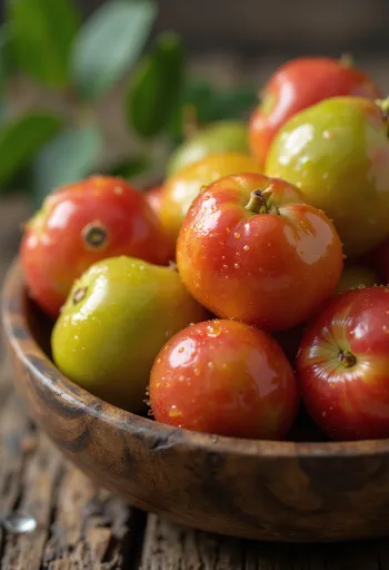 Bayas de camu camu frescas, rojas y brillantes