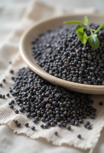 Semillas de chía negra en primer plano esparcidas sobre fondo blanco