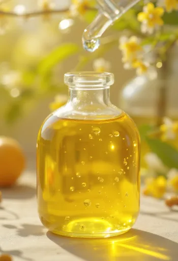 Aceite de chía en botella pequeña junto a semillas de chía en tazón de madera