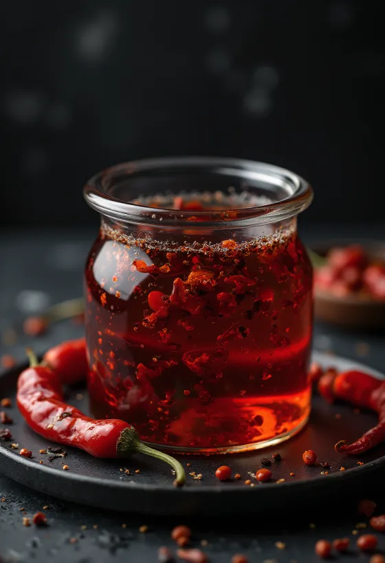 Aceite de chile rojo intenso en frasco y tazón con hojuelas