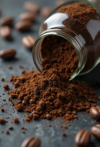 Granos de achicoria tostada y raíz seca en cuchara y tazón