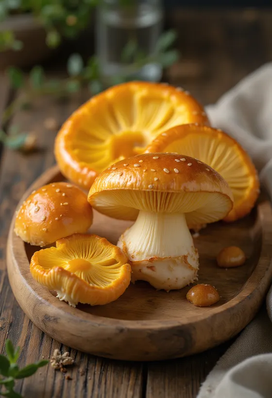 Hongo oronja limpio y rebanado en preparación de cocina