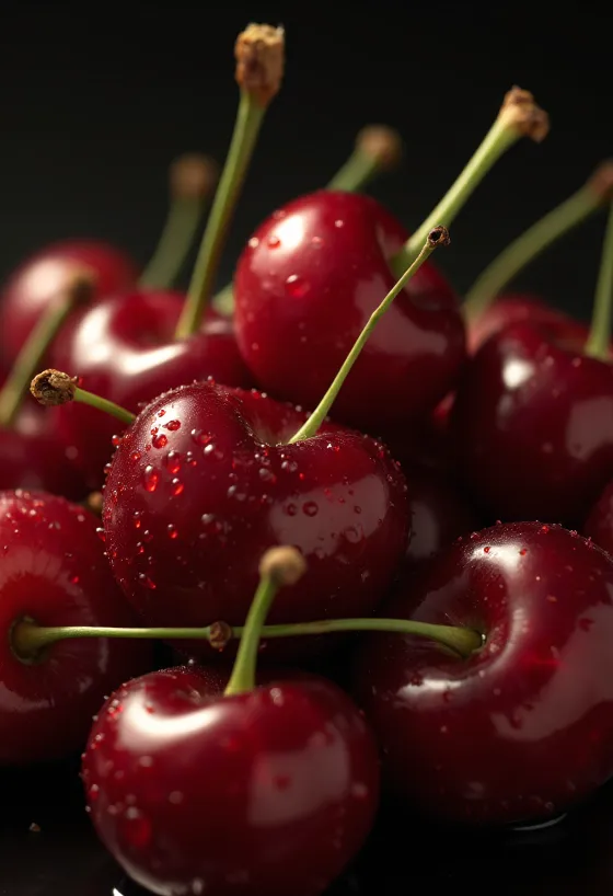 Cerezas frescas maduras en mesa rústica, con compota y plato
