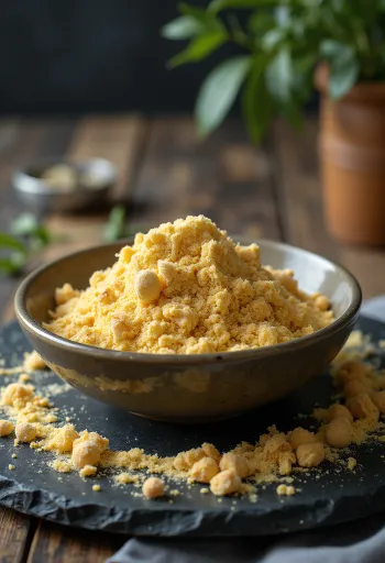 Harina de garbanzo en tazón de cerámica con cuchara de madera