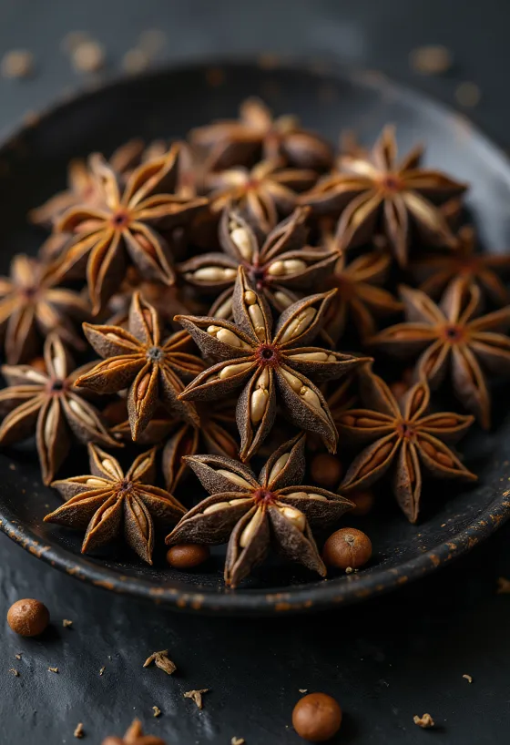 Anís estrella entero seco sobre superficie de madera