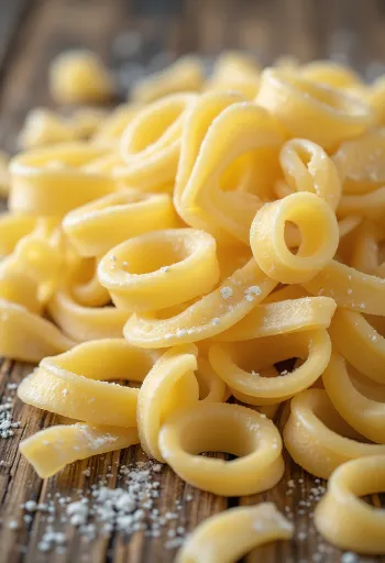 Pasta Csusza recién cocida sobre superficie de madera, estilo rústico