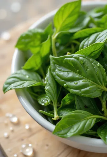 Hojas de curry frescas sobre madera, algunas picadas en tazón