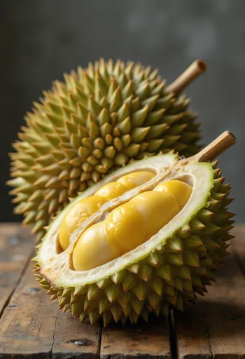 Fruta de durián entera y cortada con cáscara espinosa y pulpa cremosa