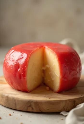 Queso Edam rebanado con cubierta de cera roja en tabla de quesos de madera