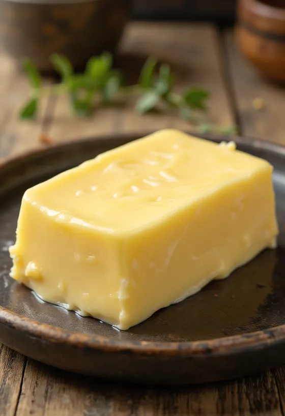 Mantequilla cremosa de crema dulce en recipiente pequeño, superficie rústica