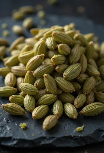 Semilla de hinojo entera seca sobre superficie de madera