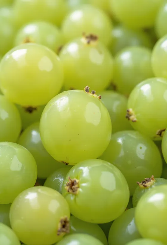 Bayas de uva espina verdes y rojas frescas rebanadas, con hoja en superficie de madera