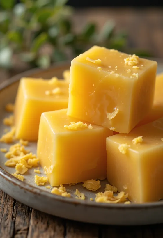 Cera de abeja grado alimenticio en bloque y rallada sobre madera