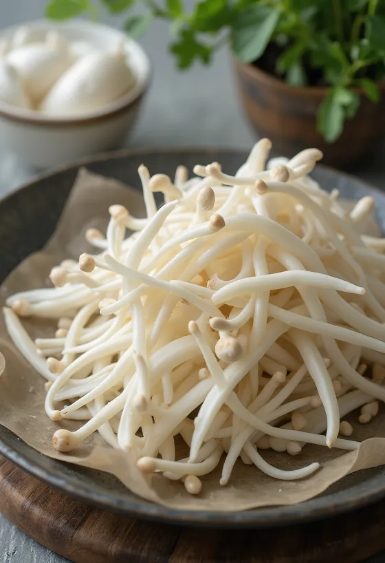 Hongos Enoki limpios sobre tabla de madera listos para cocinar