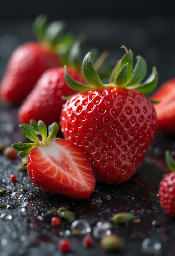 Fresas frescas enteras y partidas a la mitad en mesa rústica de madera, con mermelada de fresa