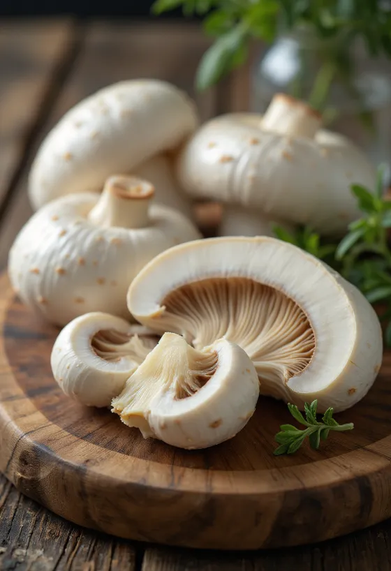 Champiñones silvestres rebanados y limpios sobre tabla de madera