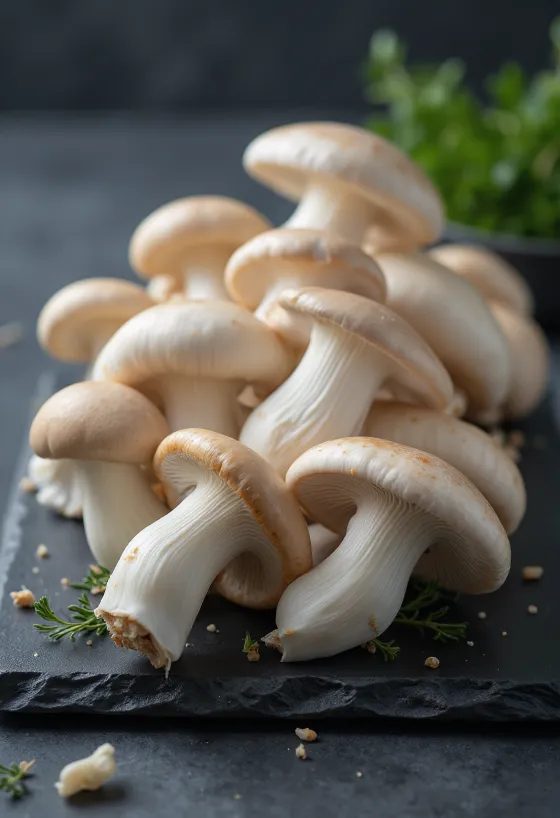 Hongos eryngii frescos con tallo blanco grueso y sombrero café, en tabla de cortar