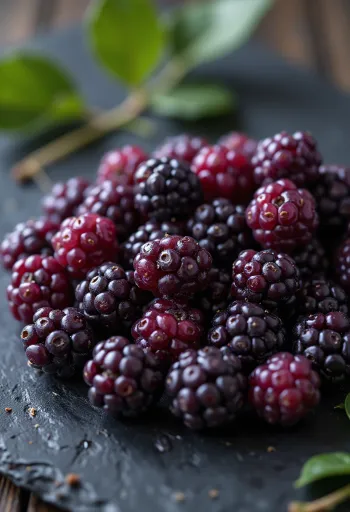 Moras de árbol frescas en varios colores, enteras y cortadas