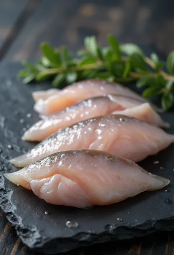 Filetes de jurel frescos con limón y hierbas sobre tabla de madera