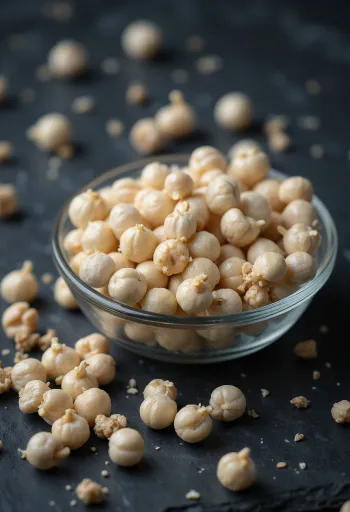 Granos de pimienta blanca entera en tazón de madera y superficie clara