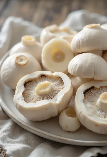 Champiñones blancos rebanados sobre tabla de madera