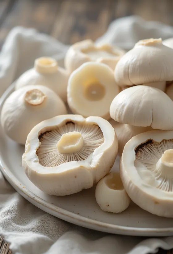Champiñones blancos rebanados sobre tabla de madera