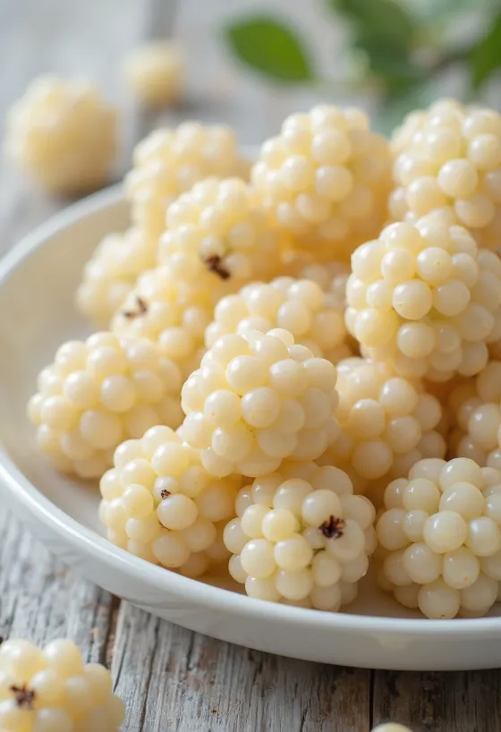 Moras blancas frescas (Morus alba) cortadas y enteras sobre superficie limpia